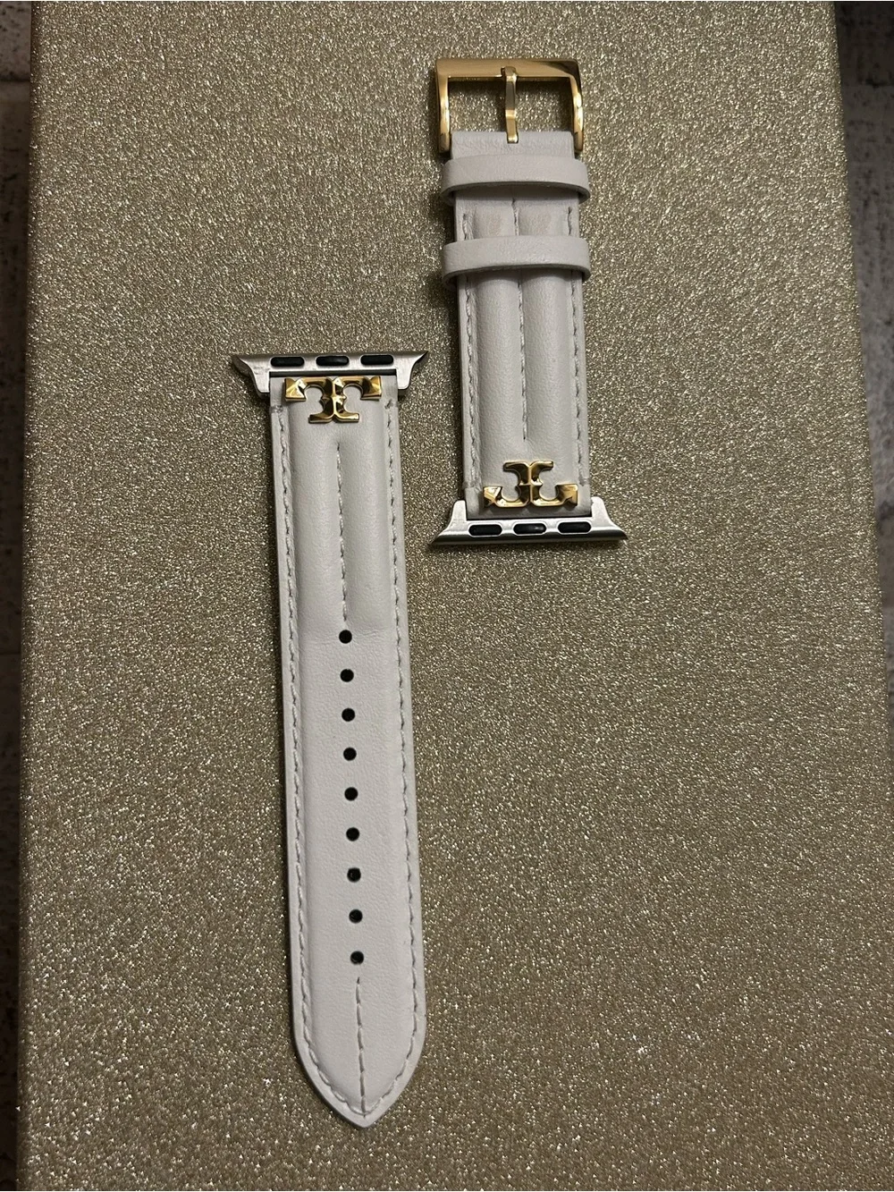 Tory Burch Ivory Leather Apple Watch Band with Gold Logo Hardware